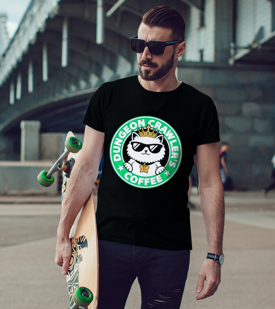 Dungeon Crawlers Coffee White Cat Crown Sunglasses T-Shirt