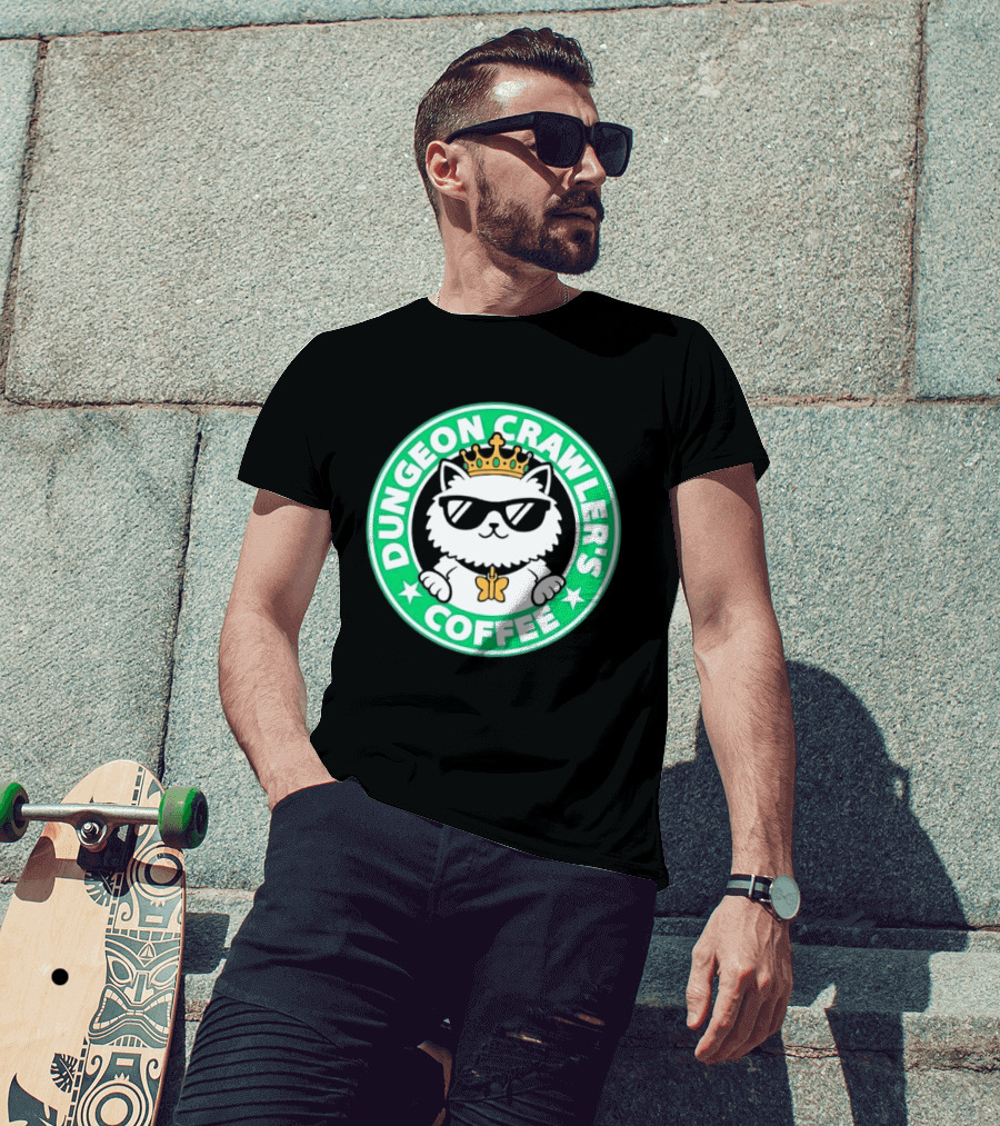 Dungeon Crawlers Coffee White Cat Crown Sunglasses T-Shirt