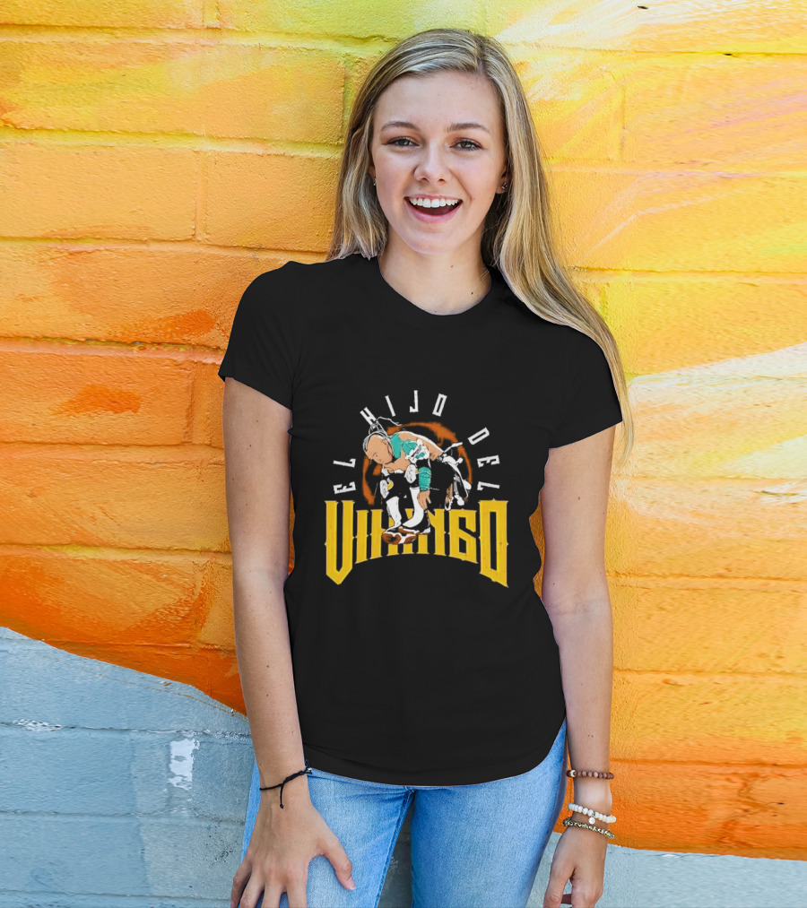 El Hijo Del Vikingo Crouching Wrestler Brown Yellow Text And Image T-Shirt