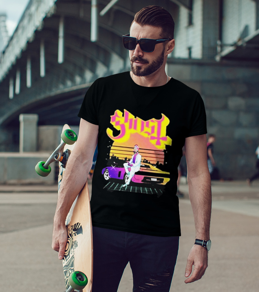 Ghost Miami Vice Retro Sunset Car Scene T-Shirt