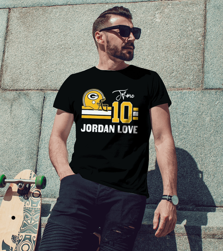 Green Bay Packers Jordan Love 10 Helmet Stripes JM Signature Distressed T-Shirt