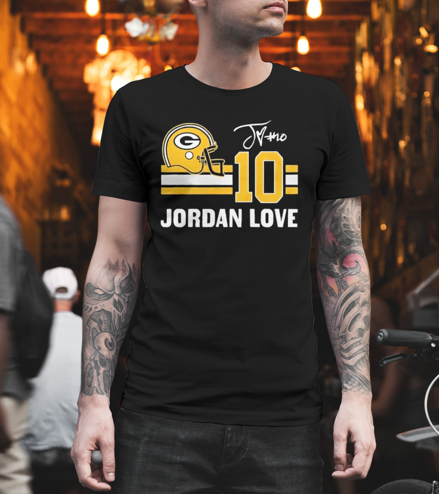 Green Bay Packers Jordan Love 10 Helmet Stripes JM Signature Distressed T-Shirt