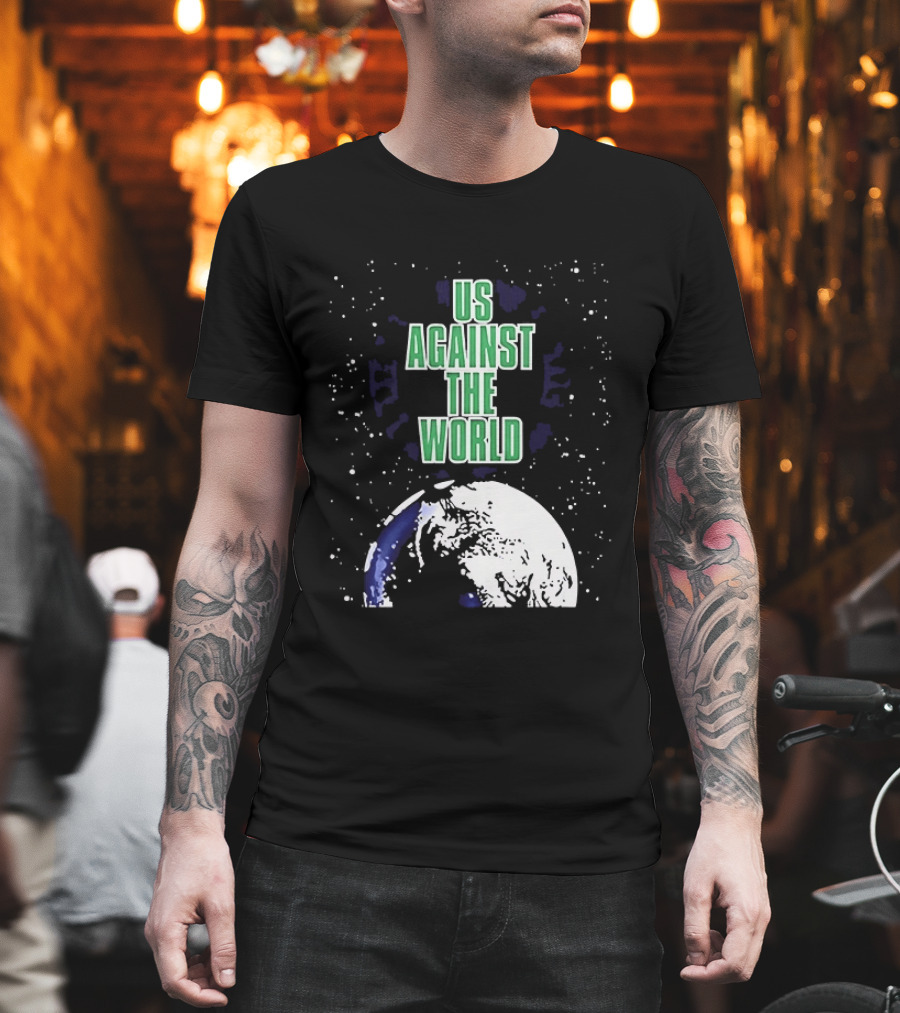 Boston Celtics Us Against The World Green Text Earth Motif T-Shirt