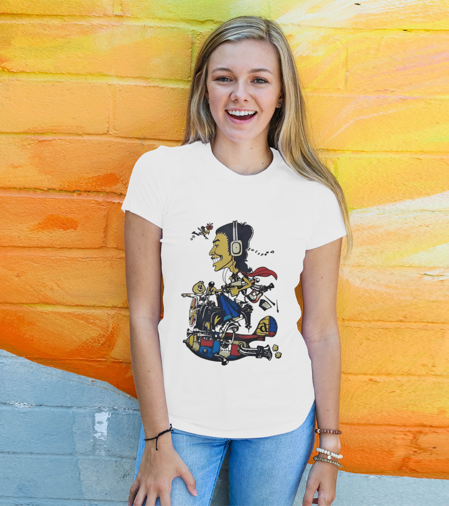 Cartoon Caricature Man With Headphones Riding Flying Rocket Airplane T-Shirt