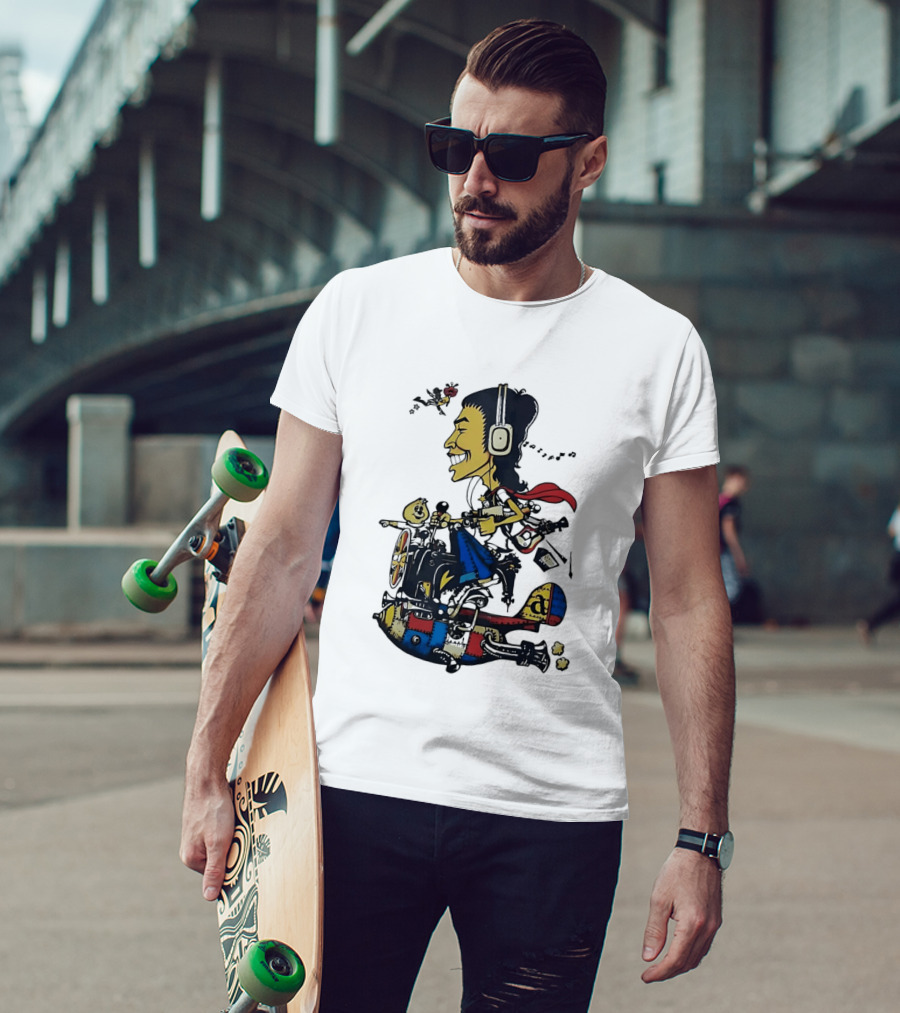 Cartoon Caricature Man With Headphones Riding Flying Rocket Airplane T-Shirt