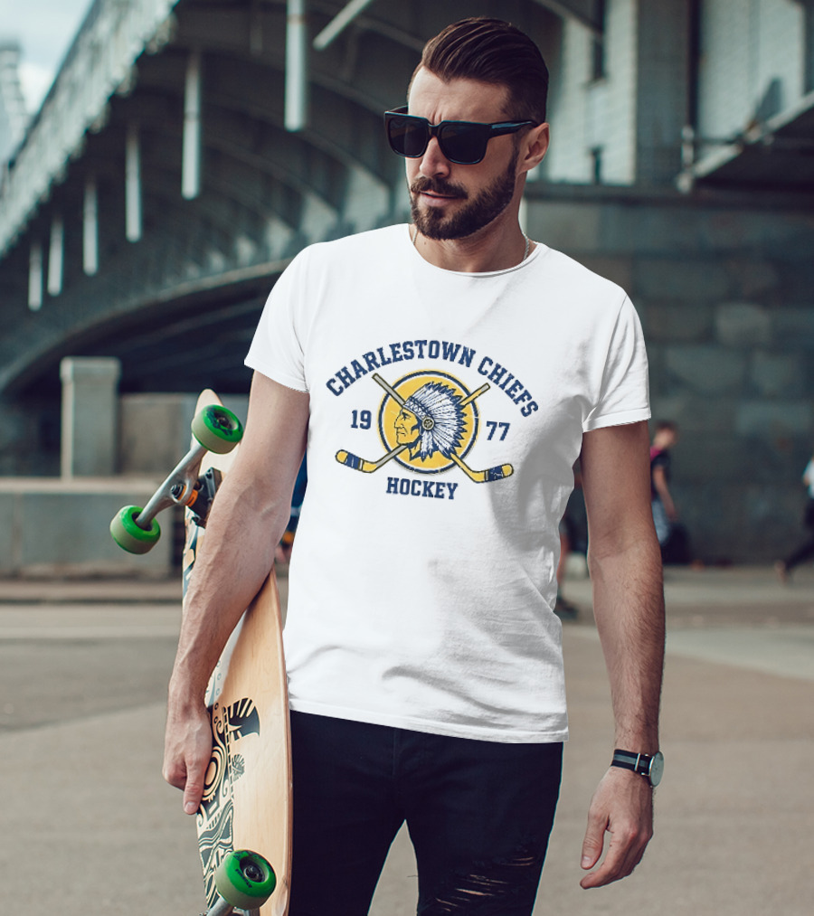 Charlestown Chiefs 1977 Hockey Team Logo With Vintage Native American Head And Crossed Hockey Sticks T-Shirt