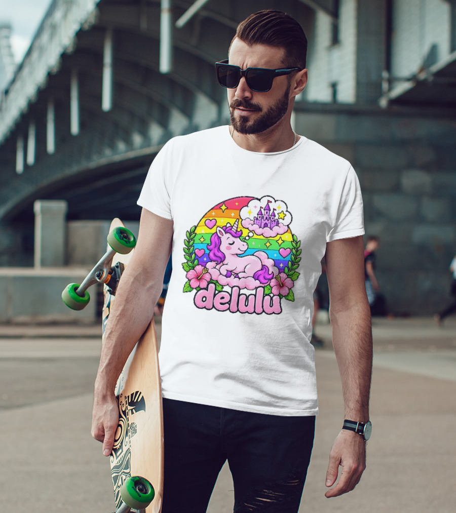 Delulu Unicorn Rainbow Castle Dreams With Colorful Heart Accents T-Shirt