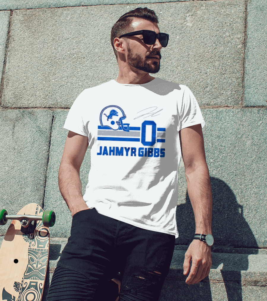 Detroit Lions Jahmyr Gibbs Zero Helmet Number Stripes Distressed T-Shirt