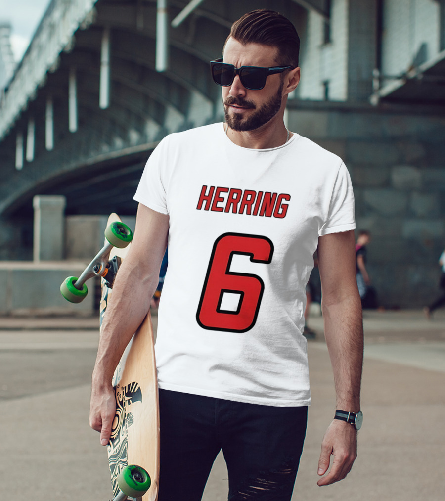 Herring 6 Red Jersey Name Number Bold Athletic Font T-Shirt