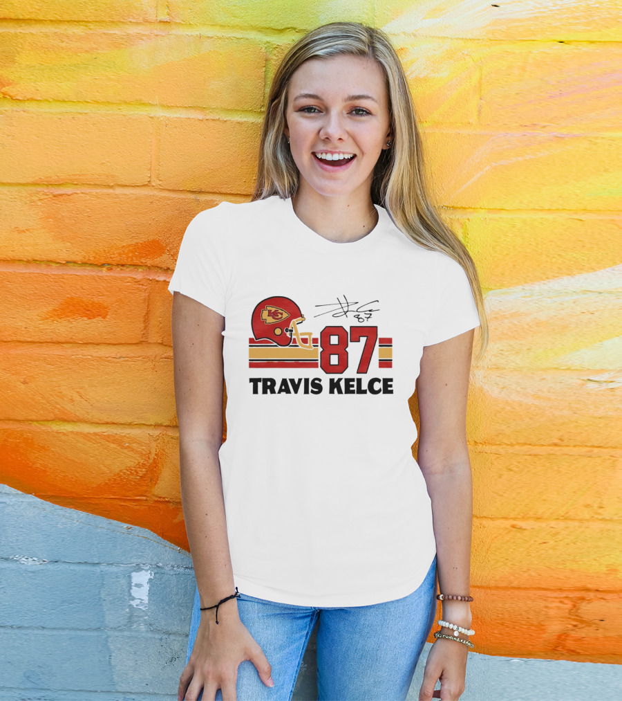 Kansas City Chiefs Travis Kelce 87 Red Gold Helmet Stripes T-Shirt