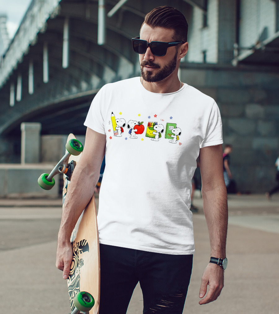 Peanuts Snoopy Cartoon Characters With School Supplies Pencil Apple Crayons Notebook T-Shirt