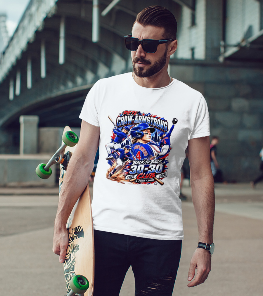 Pete Crow Armstrong Back To Back 30 30 Club 2025 2026 Power Speed Chicago Baseball Action Skyline T-Shirt