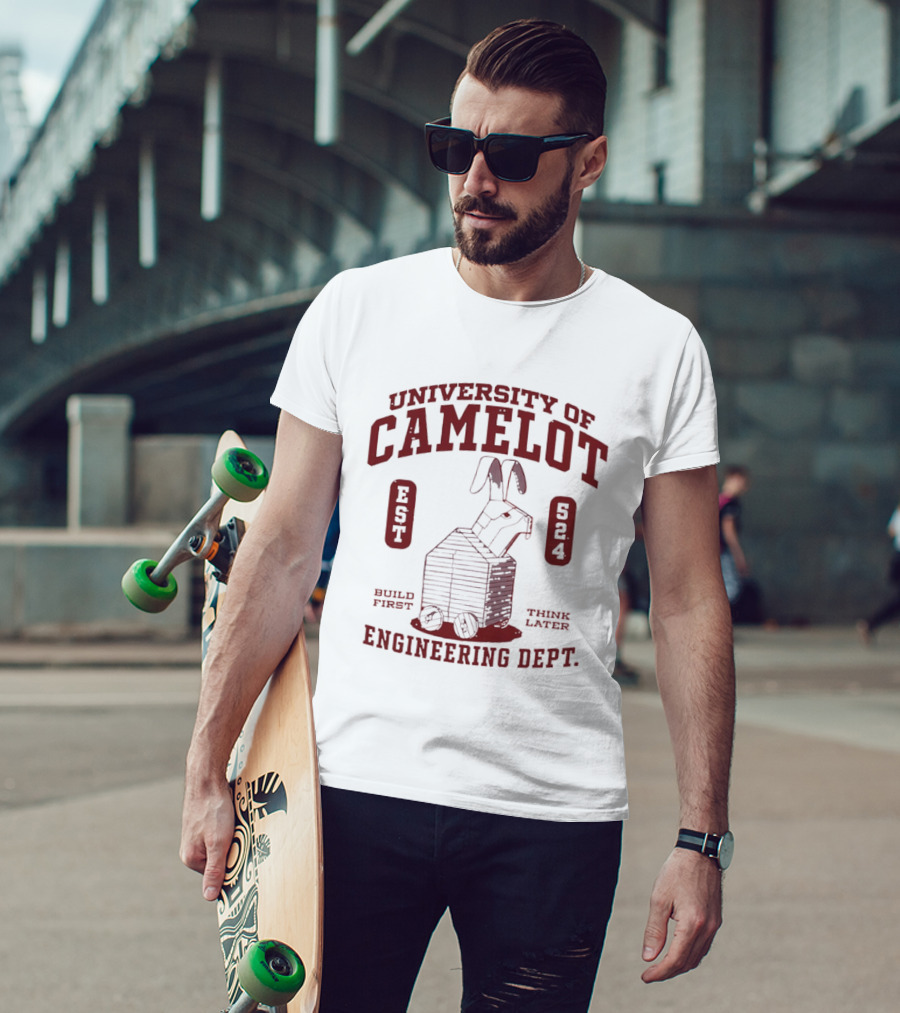University Of Camelot Engineering Dept Build First Think Later Wooden Trojan Rabbit Wheels Est 524 T-Shirt