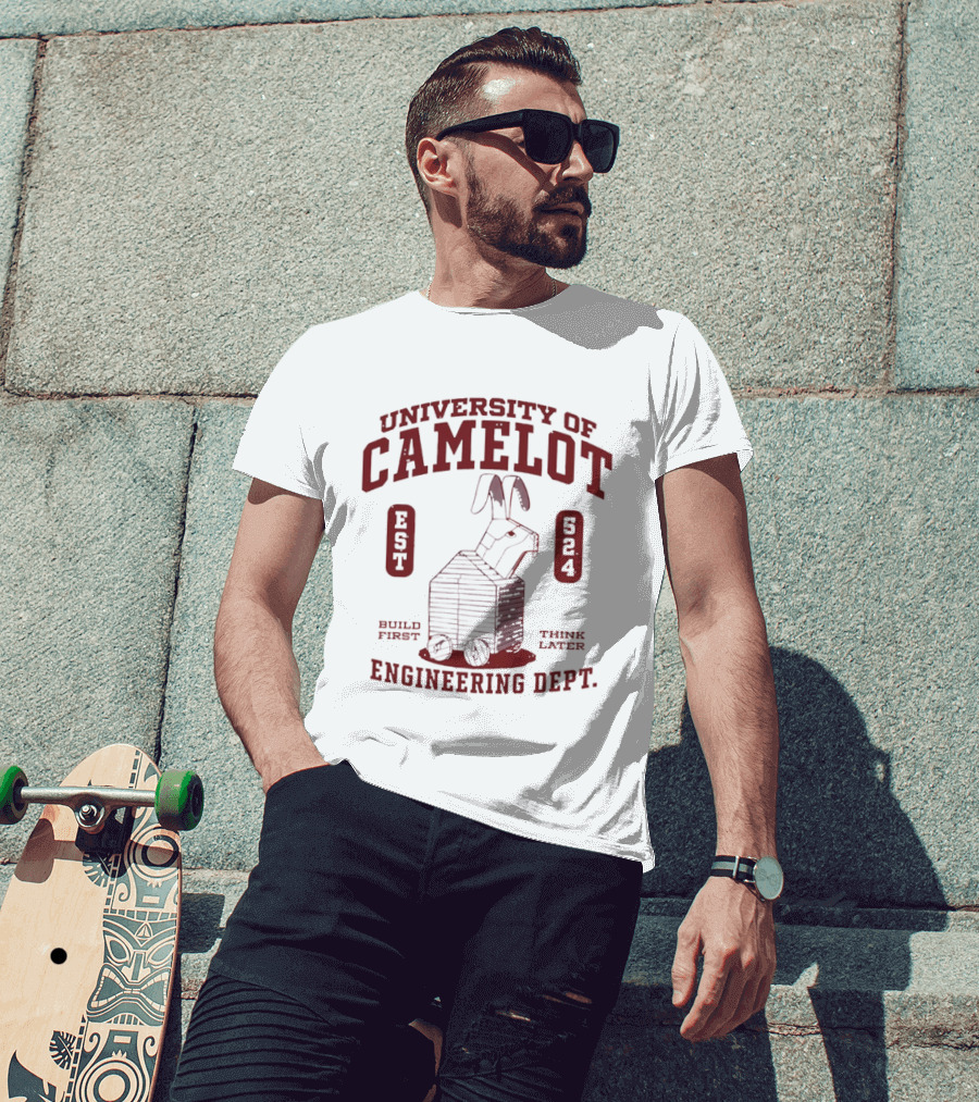 University Of Camelot Engineering Dept Build First Think Later Wooden Trojan Rabbit Wheels Est 524 T-Shirt