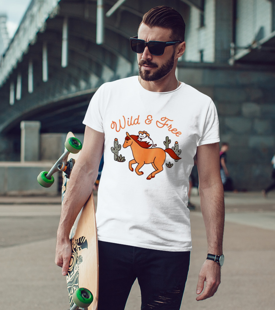 Wild And Free Cartoon Cowboy Cat Galloping Horse Cactus Scene T-Shirt