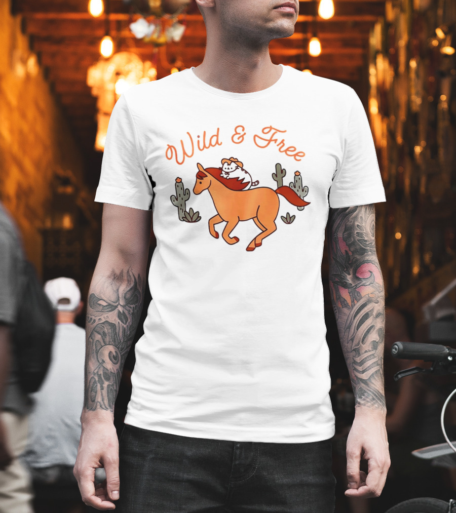 Wild And Free Cartoon Cowboy Cat Galloping Horse Cactus Scene T-Shirt
