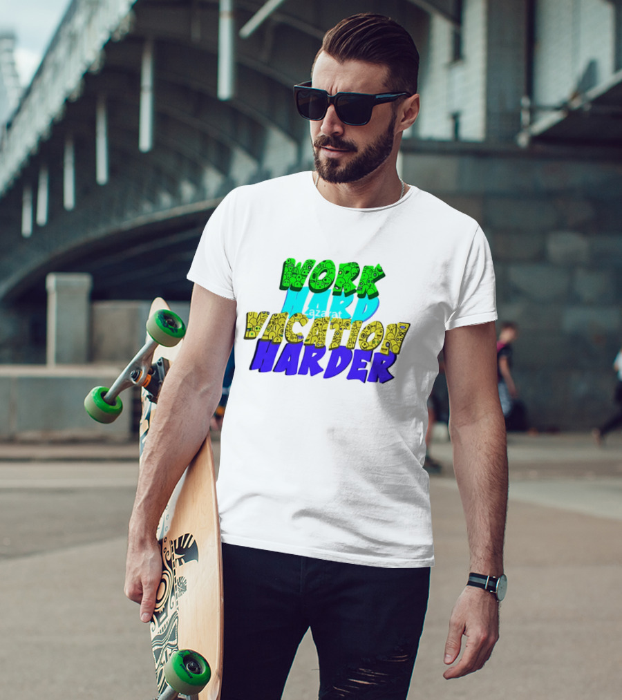 Work Hard Vacation Harder Emoji Patterned Colorful T-Shirt