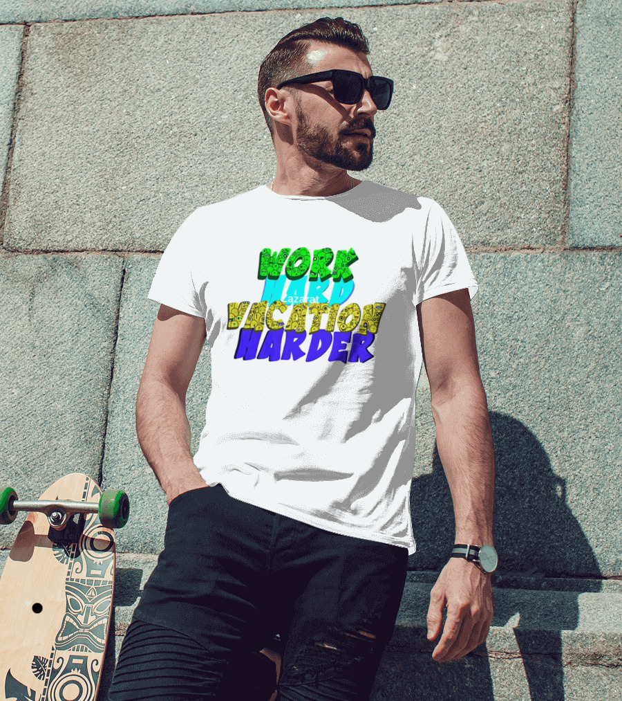 Work Hard Vacation Harder Emoji Patterned Colorful T-Shirt