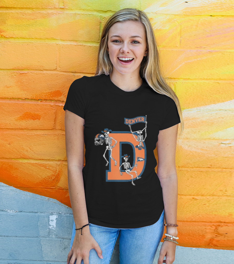 Denver Broncos Skeletons Cowboy Hats Big D Helmet Flag Orange T-Shirt