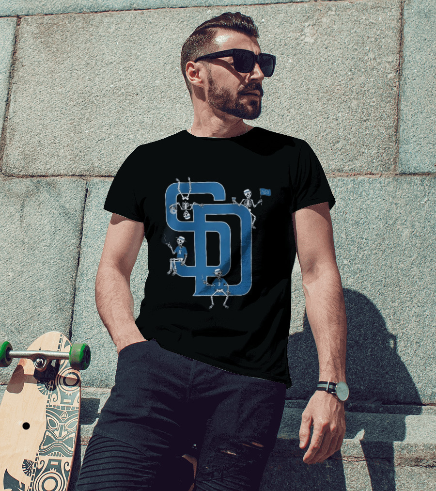 Detroit Lions San Diego Padres MLB Skeletons Interlocking SD T-Shirt