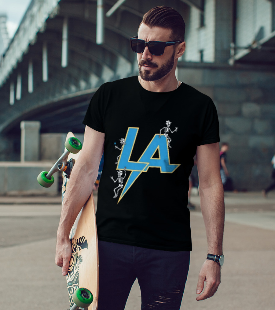 Los Angeles Chargers Skeletons On LA Lettering With Lightning Bolt T-Shirt
