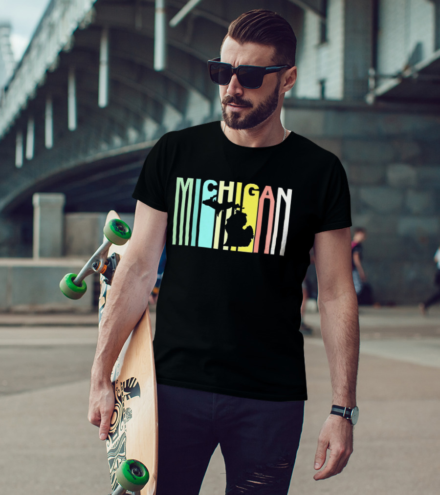 Michigan Colorful Vertical Stripe Map T-Shirt