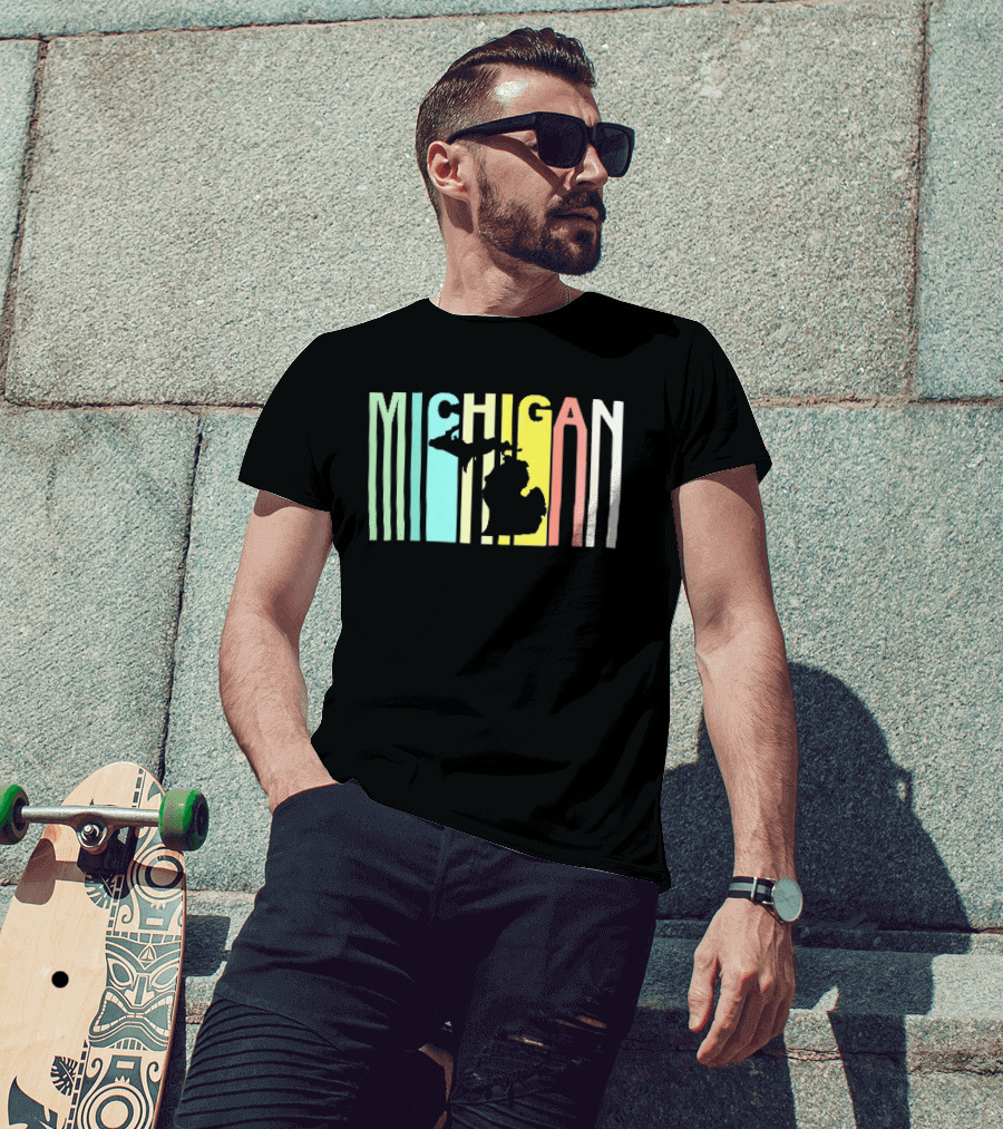 Michigan Colorful Vertical Stripe Map T-Shirt