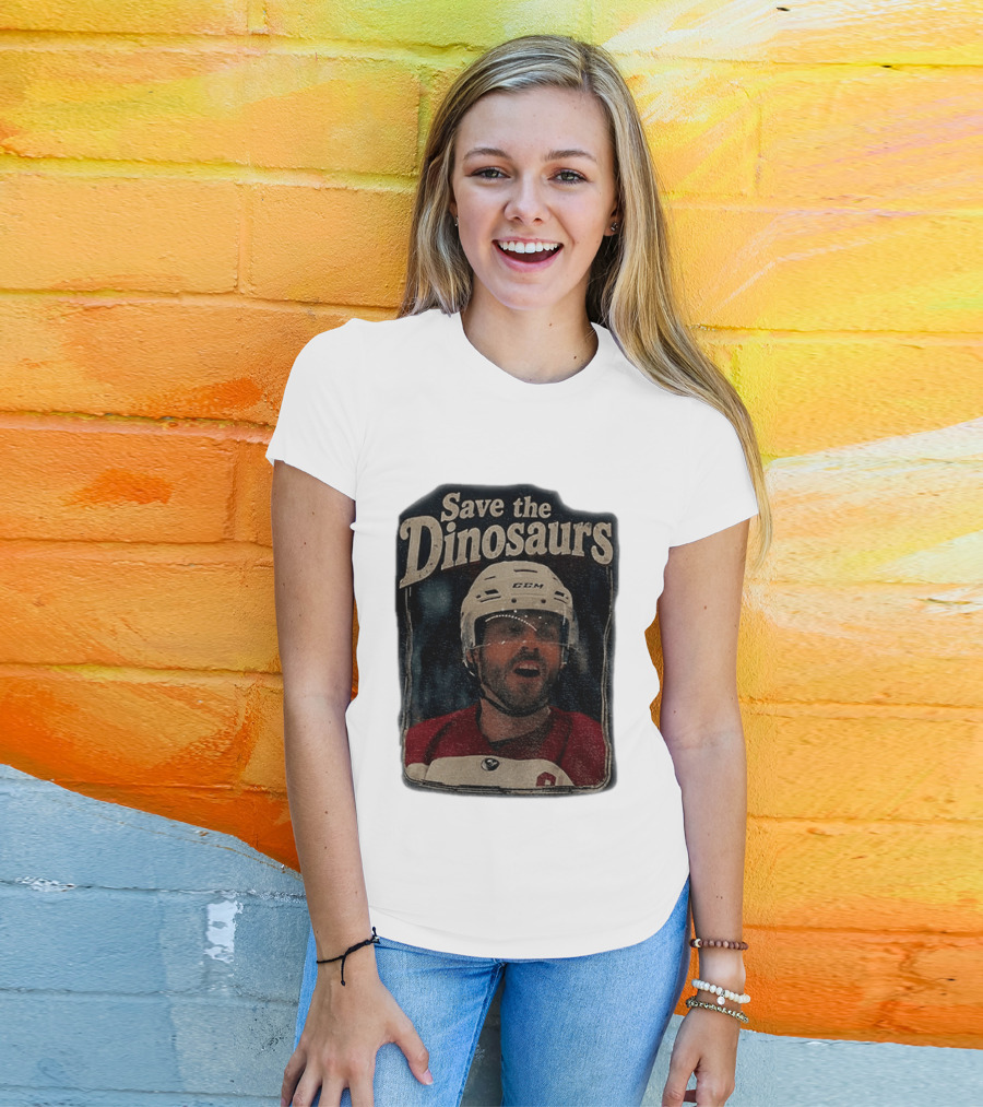Connor Storrie Wearing Scott Hunter Save The Dinosaurs CCM Hockey T-Shirt