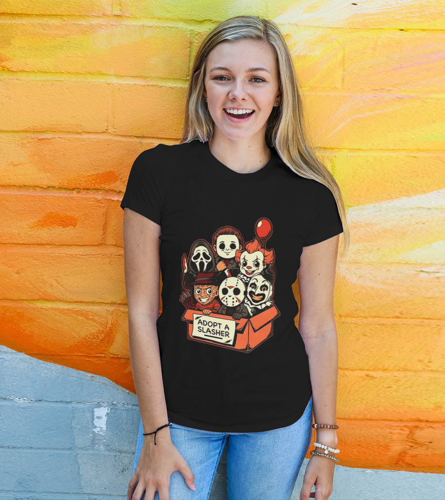 Adopt A Slasher Horror Characters Halloween Box With Iconic Balloon And Masked Monsters T-Shirt