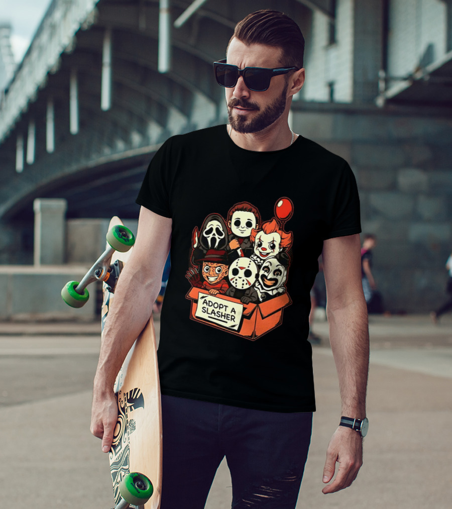 Adopt A Slasher Horror Characters Halloween Box With Iconic Balloon And Masked Monsters T-Shirt