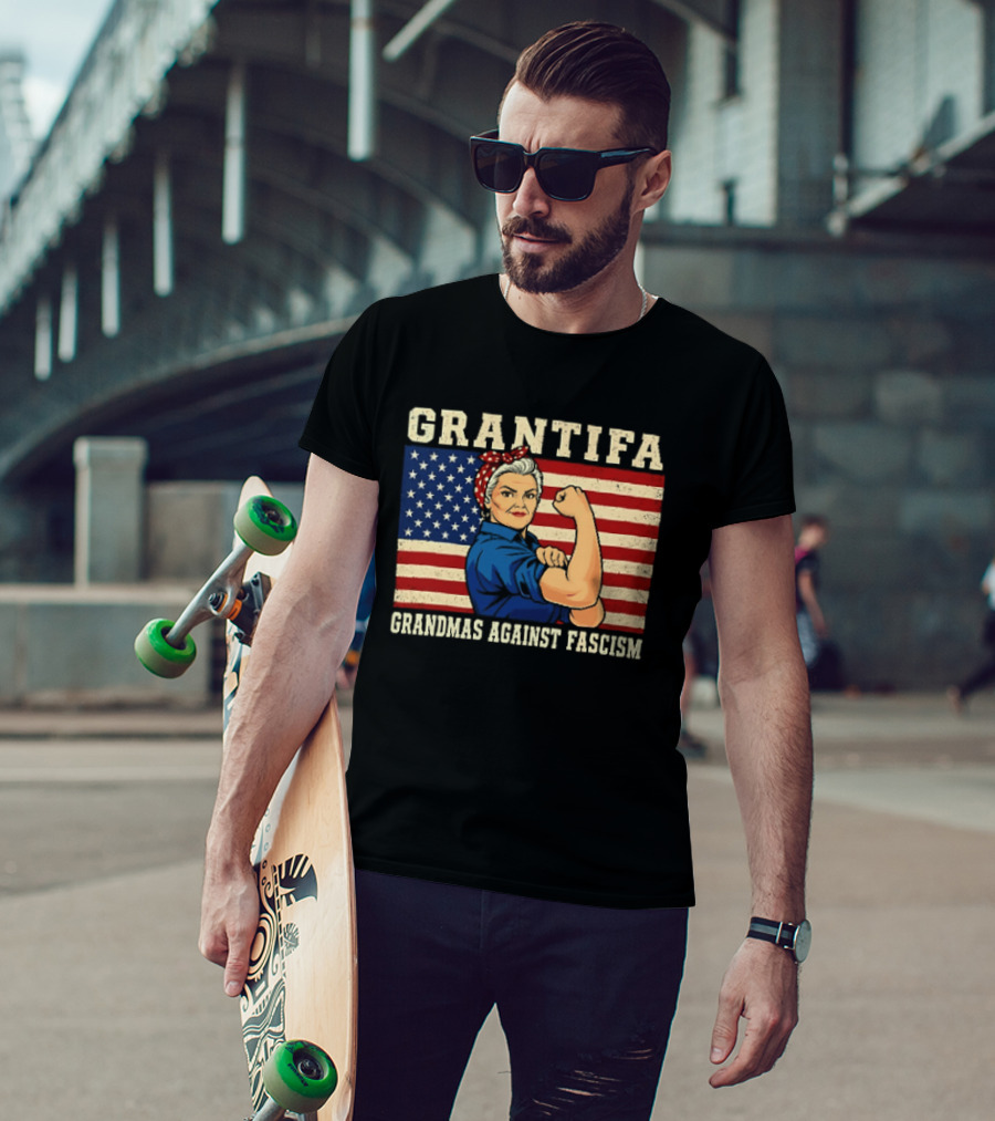 Grantifa Grandmas Against Fascism Rosie Riveter USA Flag T-Shirt