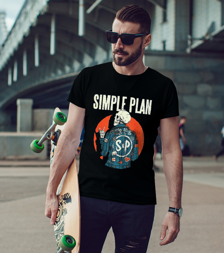 Simple Plan Just A Kid 1999 Skeleton Rock Sign SP Denim Jacket Distressed T-Shirt