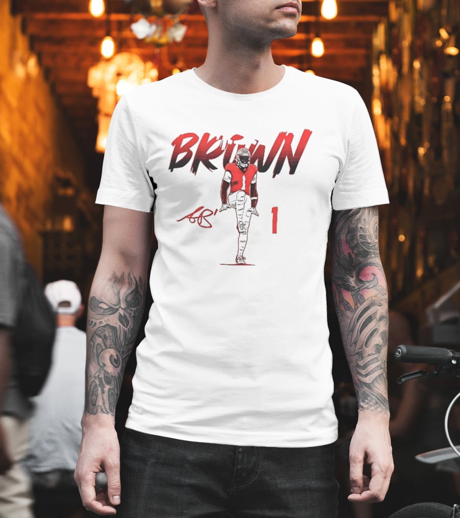 Brown AB 1 Football Player Red Brush Stroke High Knee Pose T-Shirt