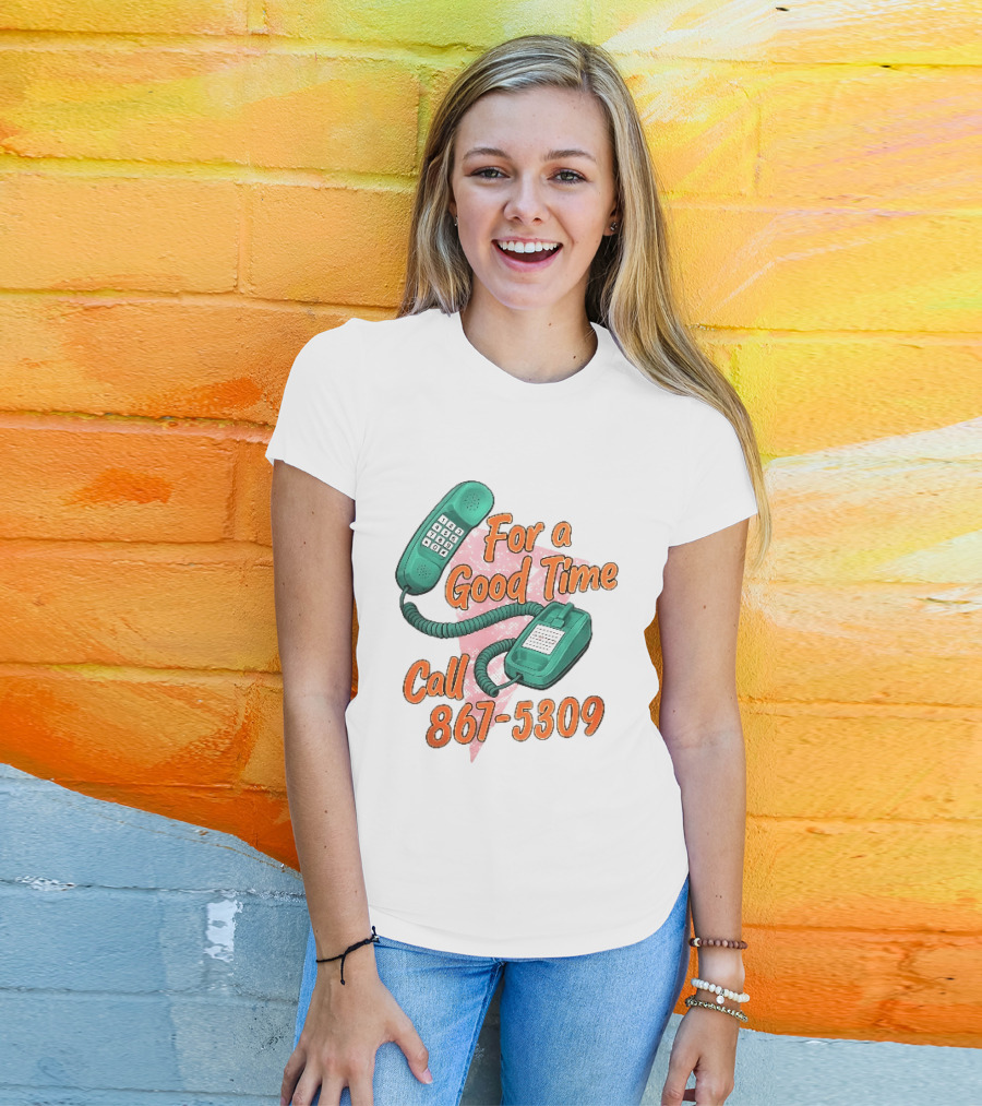 For A Good Time Call 867 5309 Teal Telephone Pink Triangle T-Shirt