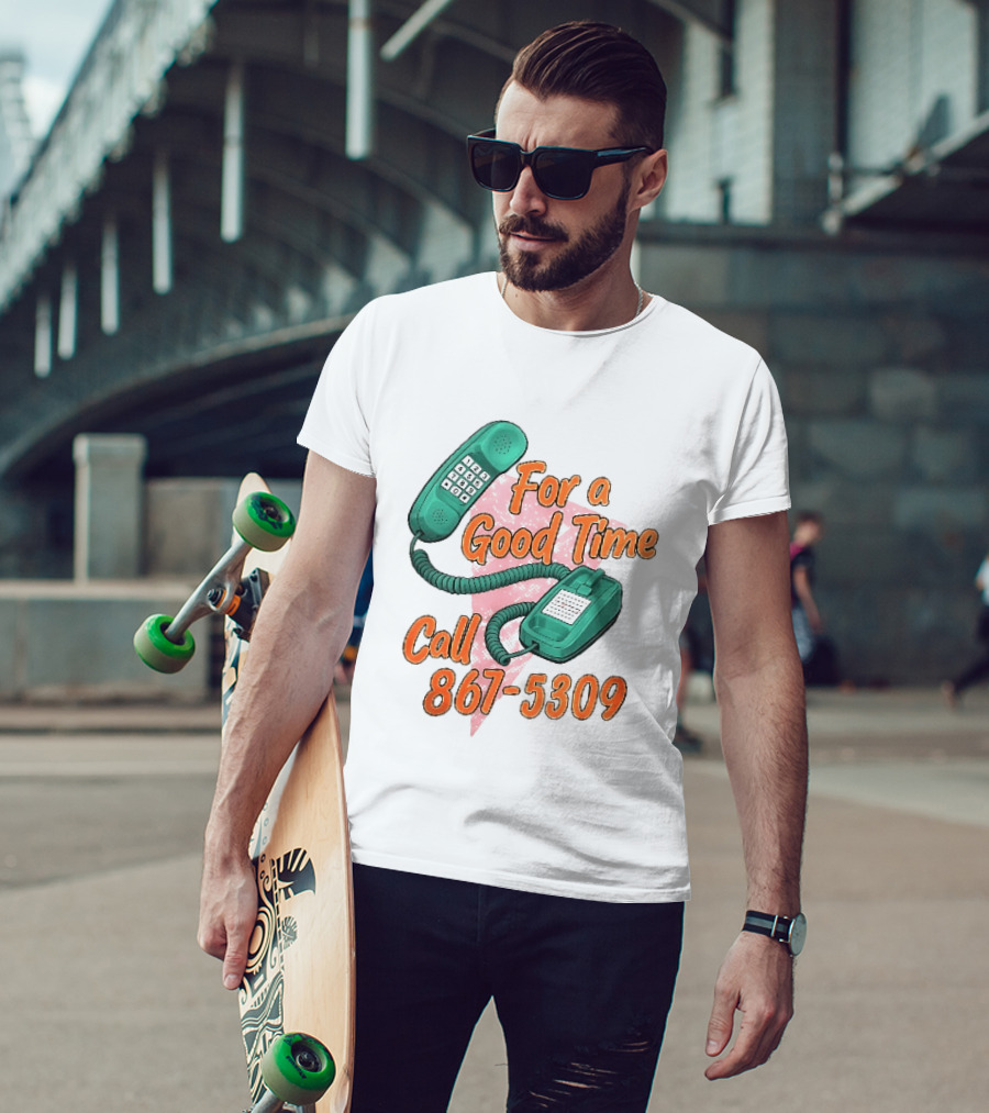 For A Good Time Call 867 5309 Teal Telephone Pink Triangle T-Shirt