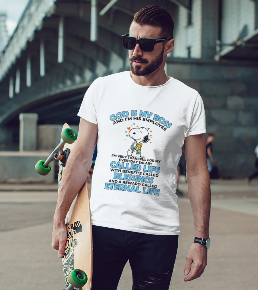God Is My Boss Employee Everyday Salary Called Life Benefits Blessings Eternal Cartoon Dog Praying T-Shirt