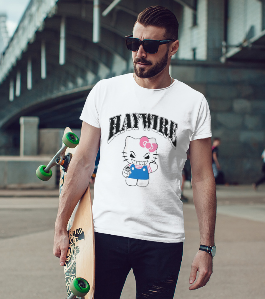 Haywire Hello Kitty Mischievous Grin Pink Bow Blue Overalls T-Shirt