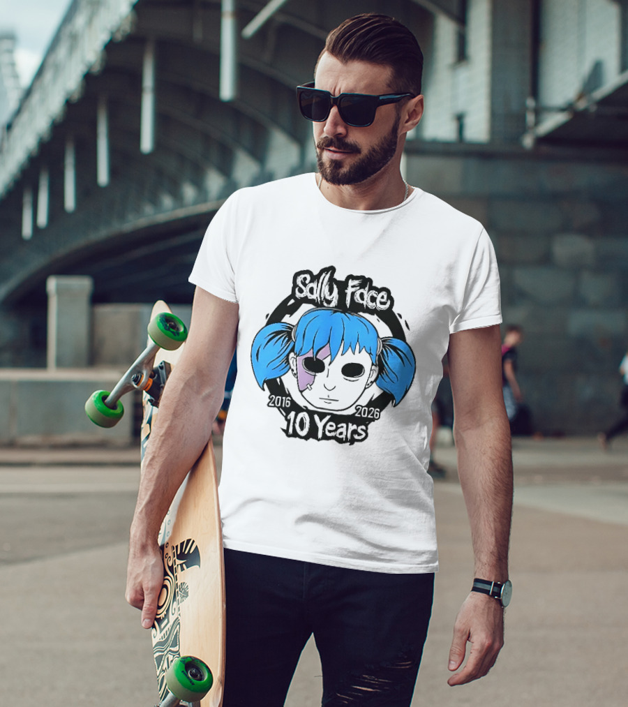 Sally Face 2016 2026 10 Years Cartoon Blue Hair Masked Character Anniversary T-Shirt