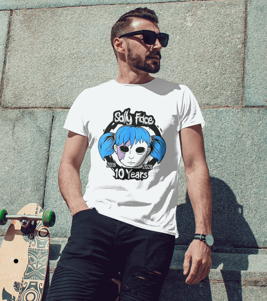 Sally Face 2016 2026 10 Years Cartoon Blue Hair Masked Character Anniversary T-Shirt