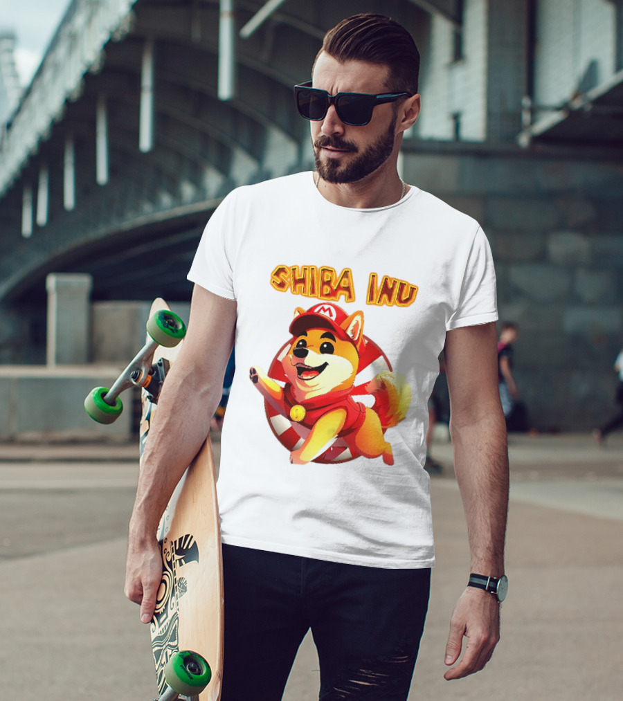 Shiba Inu Cartoon Dog Mario Red Cap Vest Running Striped T-Shirt