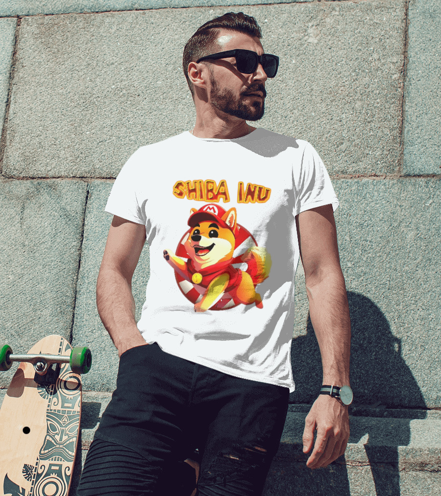 Shiba Inu Cartoon Dog Mario Red Cap Vest Running Striped T-Shirt
