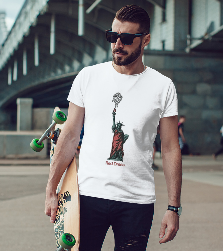 Statue Of Liberty Red Dress Unique Twist On Iconic Monument T-Shirt