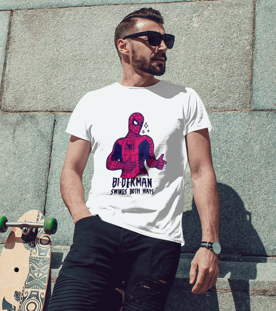 Bi Derman Swings Both Ways Superhero Spiderman T-Shirt