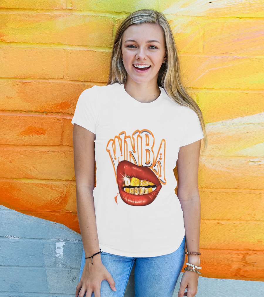 WNBA Red Lips Gold Teeth Grillz Glowing Chrome Lettering T-Shirt