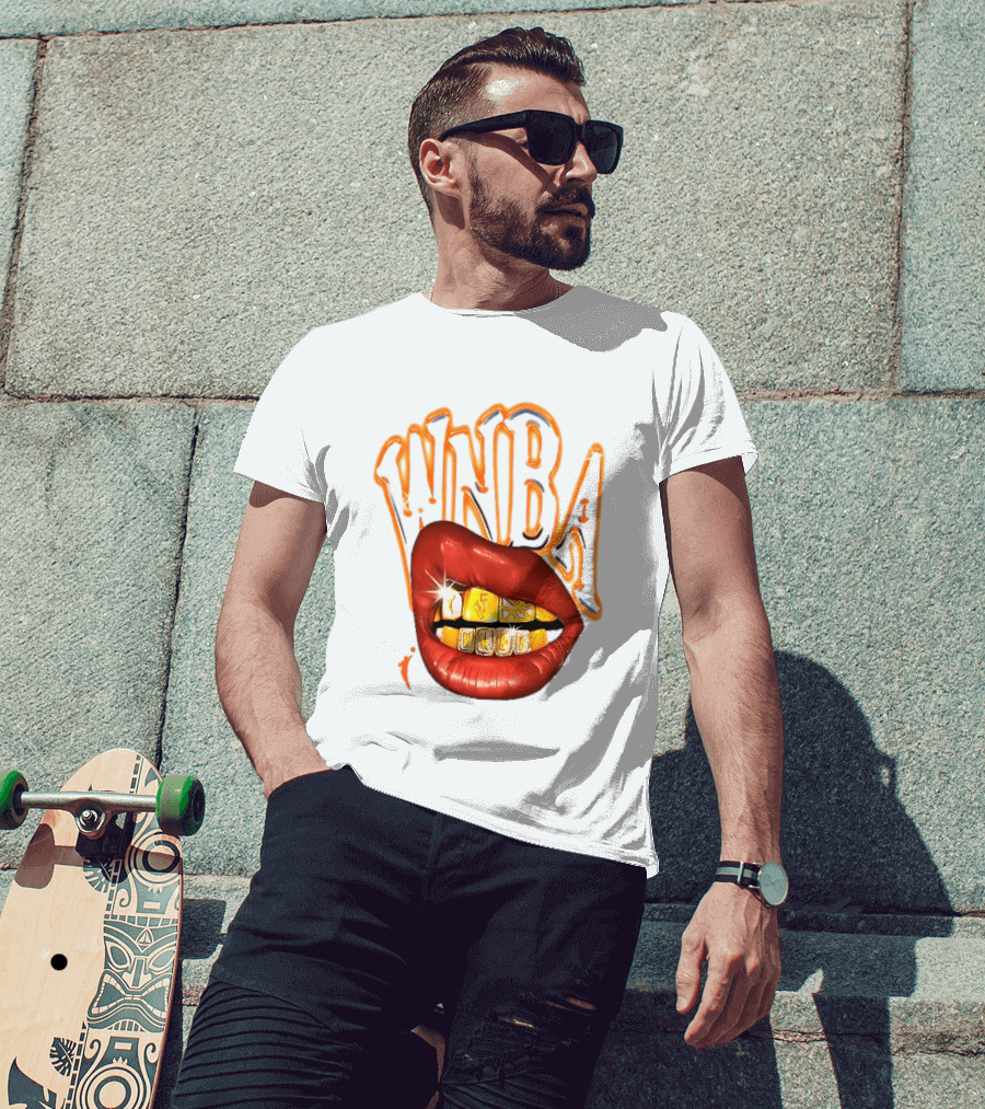 WNBA Red Lips Gold Teeth Grillz Glowing Chrome Lettering T-Shirt