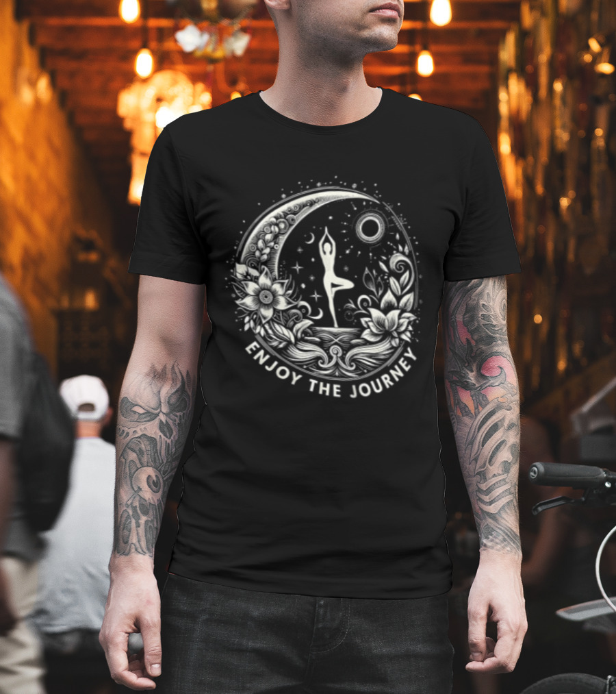 Enjoy The Journey Yoga Tree Pose Mandala Moon Sun Floral Surround T-Shirt