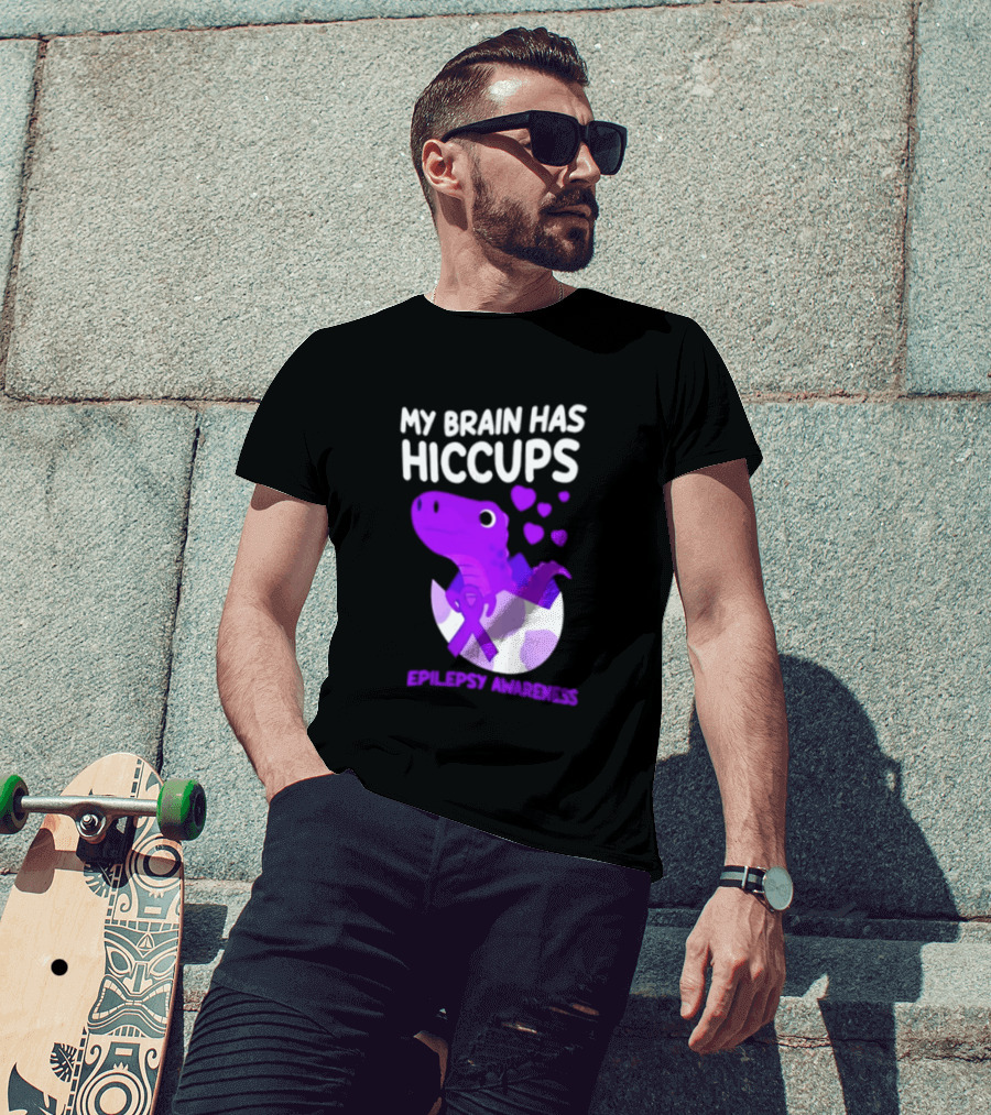 My Brain Has Hiccups Epilepsy Awareness Dinosaur Purple Ribbon Eggshell Hearts T-Shirt