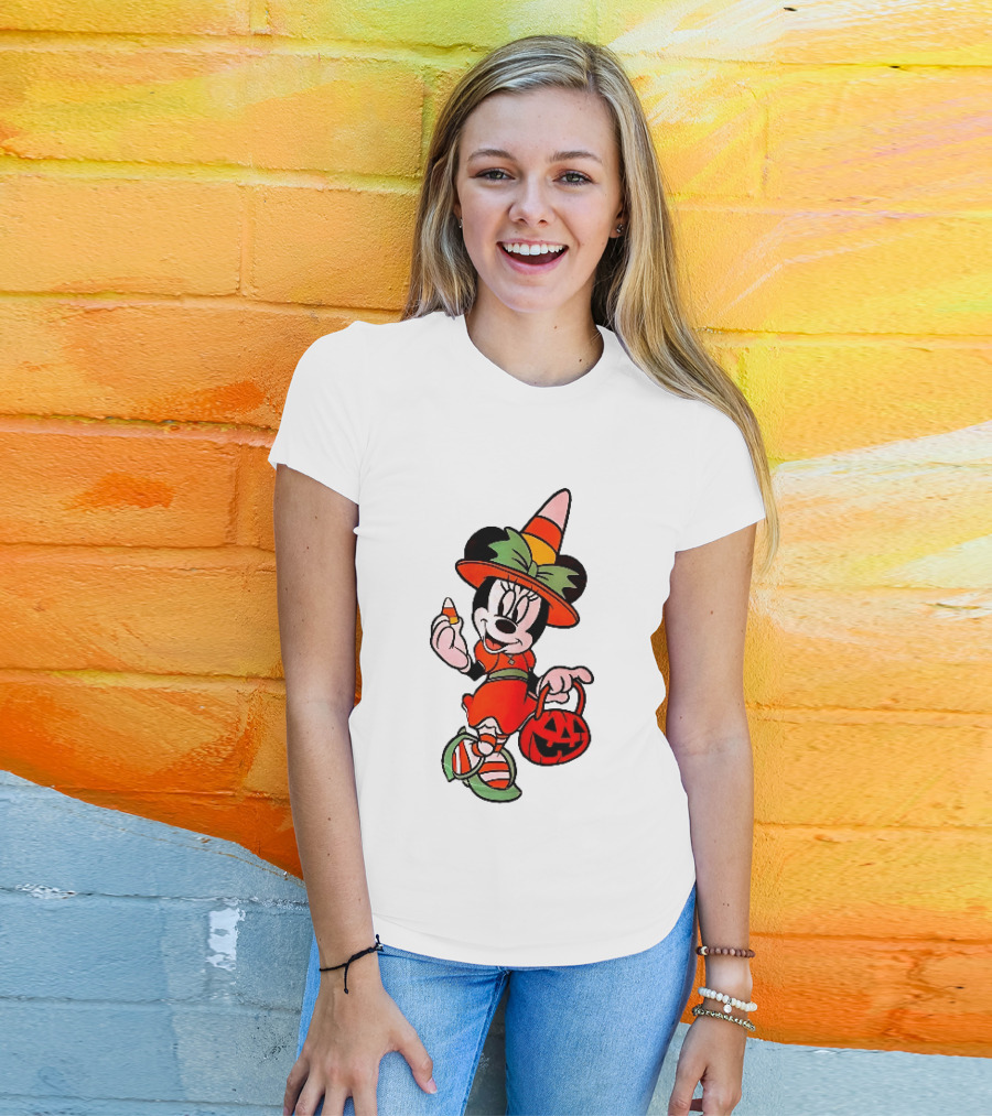 Disney Minnie Mouse Halloween Witch With Candy Corn And Pumpkin Bucket T-Shirt
