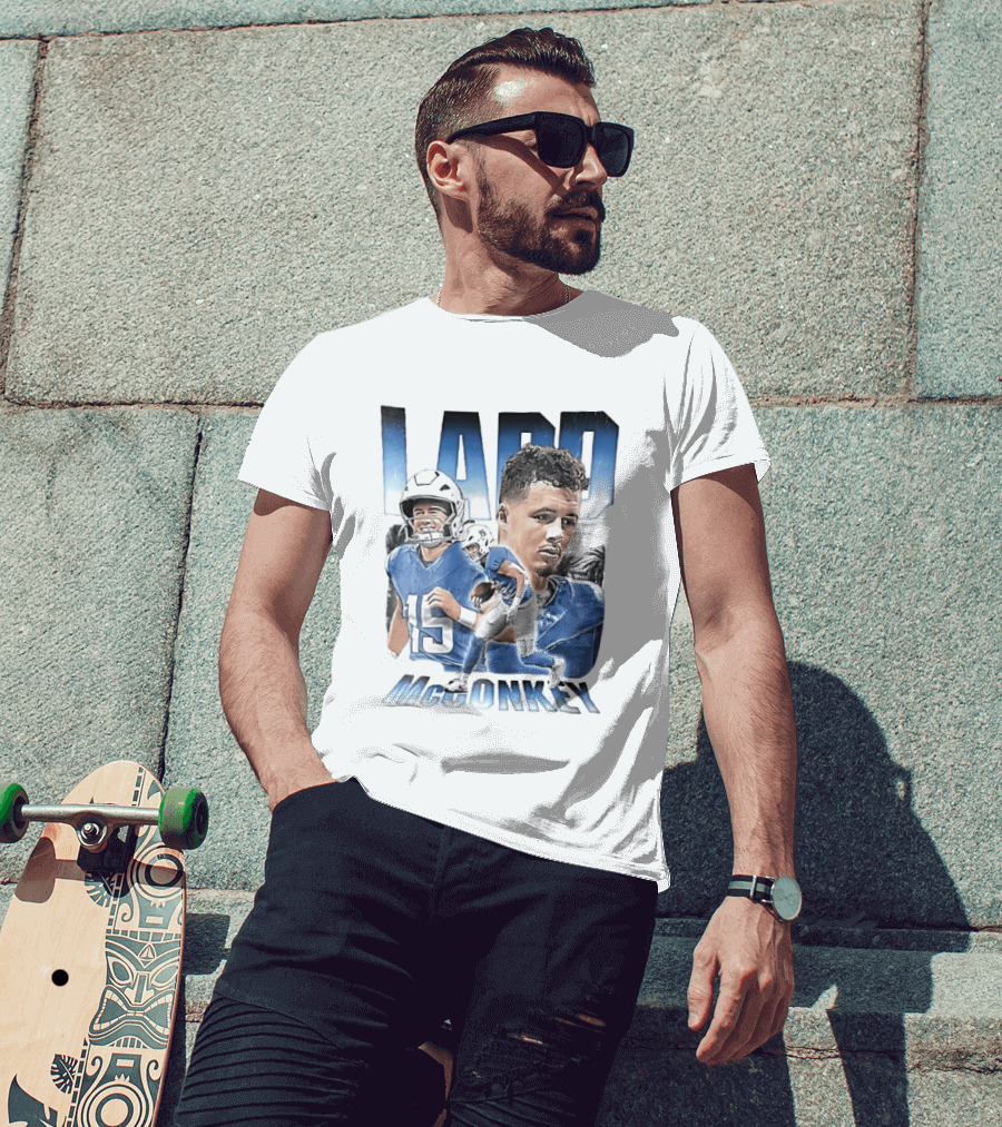 Ladd McConkey Number 15 Football Player Blue Jersey Collage T-Shirt