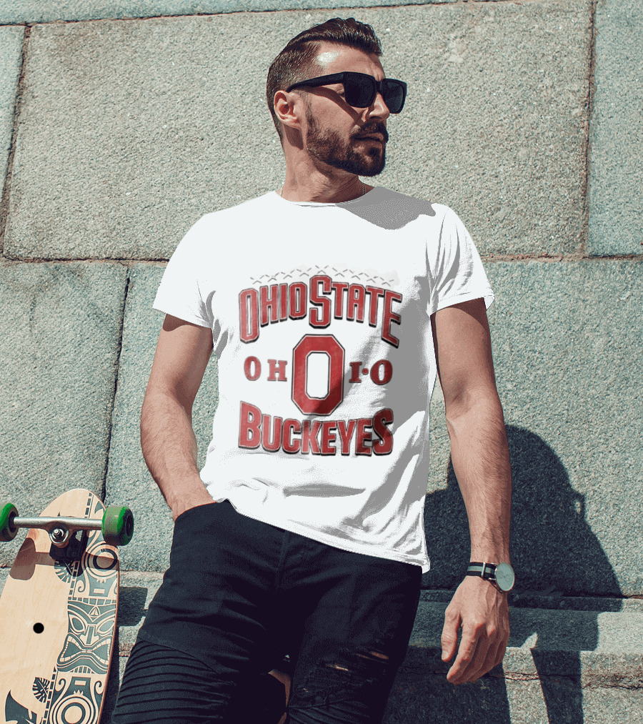 Ohio State Buckeyes NCAA Ohio Block Letter Red Football Laces Arch T-Shirt